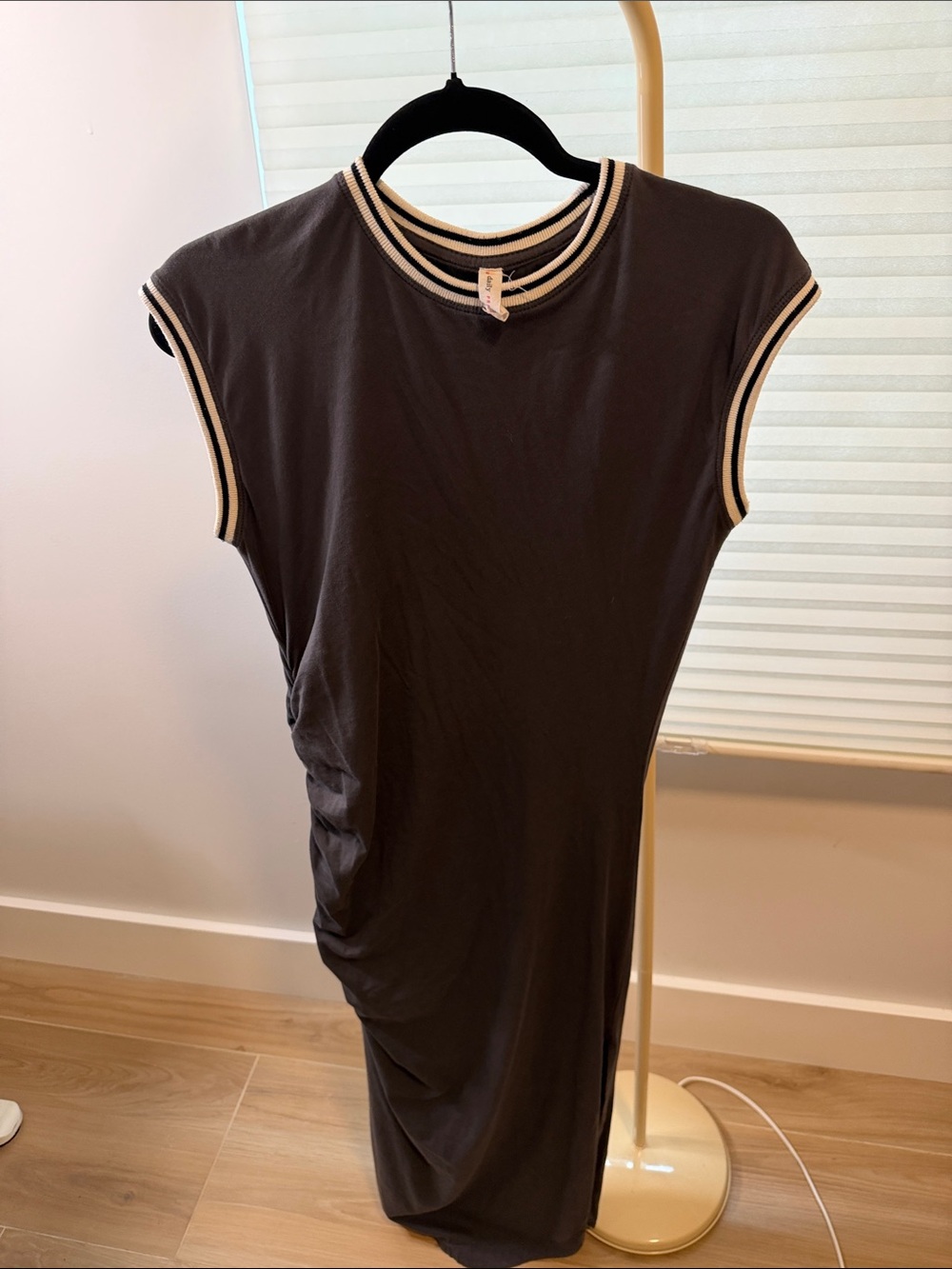 Sleeveless Black Midi Dress with Cream Stripe Trim